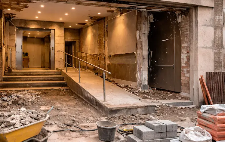 Reformas de comunidades de vecinos en Granada: portal con ascensor y rampa de accesibilidad en obra